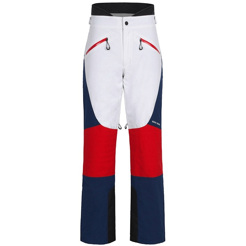 Women's high waist snow pants with waterproof zipper pockets, SF0694, in vibrant red, white, and blue for winter sports.